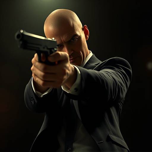 Affiche de la série 'Agent 47 : L'Héritage', montrant un homme en costume visant avec un pistolet.