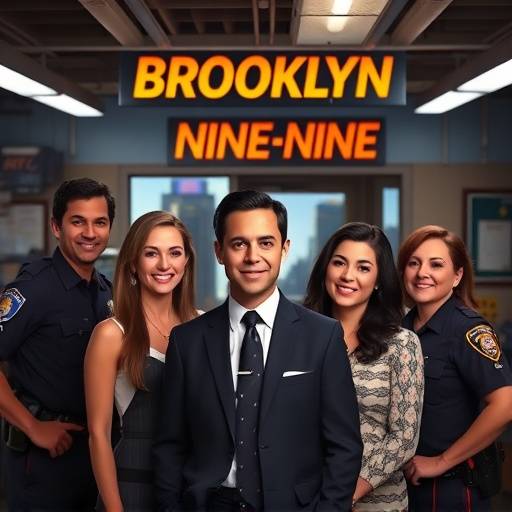 Affiche de la série 'Brooklyn Nine-Nine', avec l'équipe de détectives posant ensemble dans un commissariat de police.