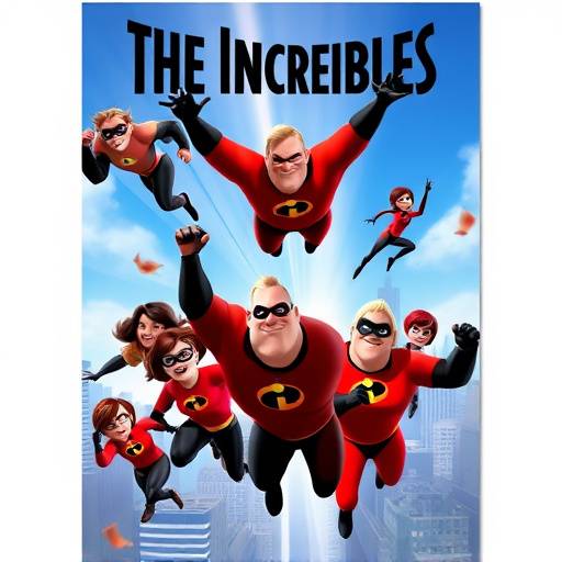 Affiche de la série 'Les Indestructibles', représentant une équipe de super-héros en plein vol.