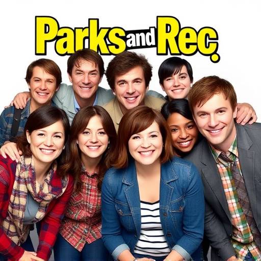 Affiche de la série 'Parks and Recreation', montrant l'équipe du département des parcs souriant et posant pour une photo.