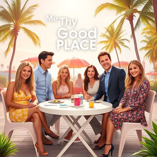 Affiche de la série 'The Good Place', montrant les personnages principaux dans un décor paradisiaque.