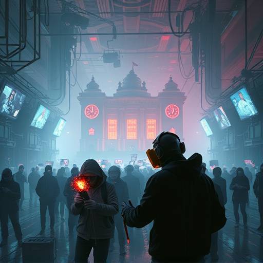 Affiche de 'Rebelles Virtuels', montrant des hackers combattant un régime totalitaire à l'intérieur d'une réalité virtuelle complexe.